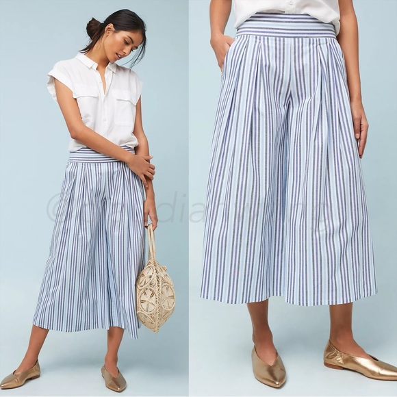 MISA Camden Pleated Stripe Wide Leg Culotte Pants in White Blue - Picture 3 of 14
